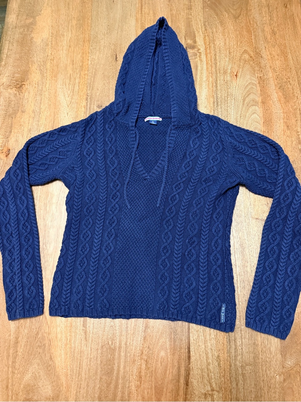 Vintage Polo Jeans Ralph Lauren Navy Cable-Knit V-Neck Hooded Sweater